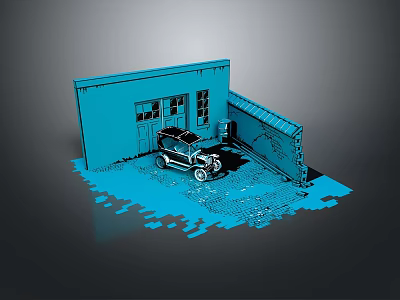 Vintage Car Parked By Blue Garage Building Structure With Detailed Miniature Design 3d model