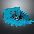 Vintage Car Parked By Blue Garage Building Structure With Detailed Miniature Design