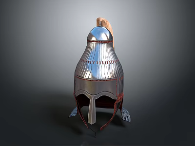 Ancient Shiny Metal Helmet With Plume Decoration Face Guard And Leather Trim 3d model