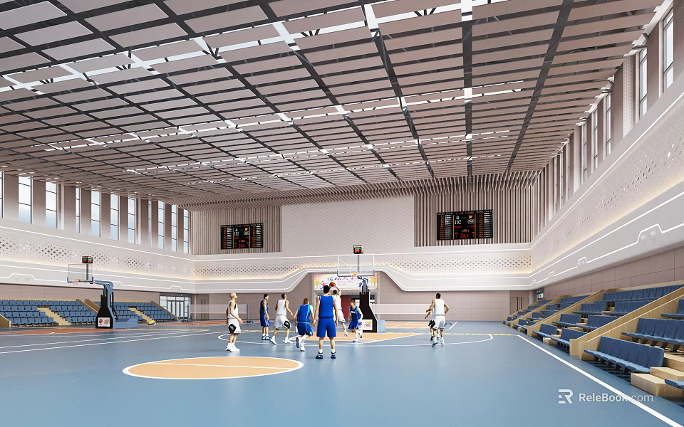 Indoor Basketball Gymnasium Interior With Players Playing On Blue Court Bleacher Seating And Ceiling Design 3d model 