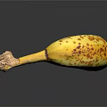 Ripe Yellow Banana with Brown Spots and Stem on Black Background with Reflection