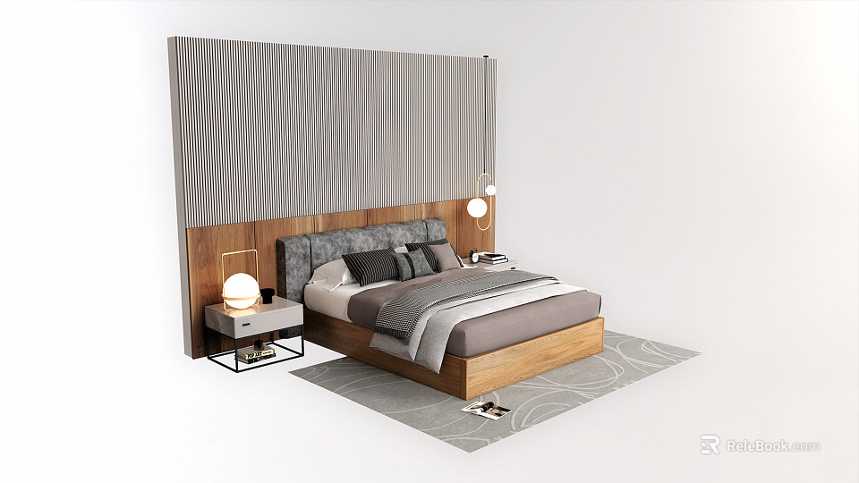 Double Bed with Gray Wavy Wall Background Wooden Headboard and Round Lamps 3d model 