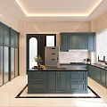 Modern Open Kitchen Interior Design With Island Counter Green Cabinets And Appliances