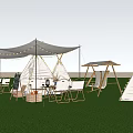 Luxury Campsite With Teepee Tents Green Canopy String Lights And Swing Chair On Green Grass