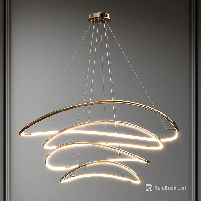Modern Elegant Chandelier With Curved Rings And Soft LED Lighting Design 3d model 