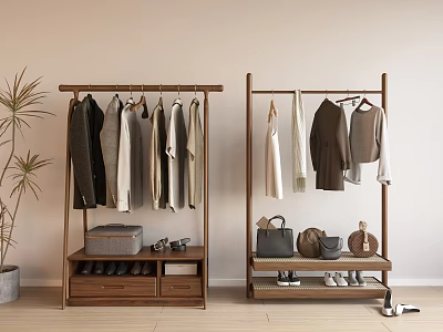 Wooden Clothing Racks In Minimalist Room With Clothes Storage Shoes Bags 3d model