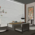 Traditional Chinese Tea Room With Zen Decor White Roller Blinds Tea Sets And Wooden Chairs