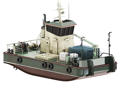 Tugboat Model Deck with White Barrels Blue Containers Green Brown Hull Wheelhouse 3d model