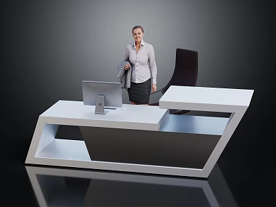 Modern Reception Desk With Computer Monitor And Female Staff Standing Near Black Chair 3d model