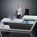 Modern Reception Desk With Computer Monitor And Female Staff Standing Near Black Chair