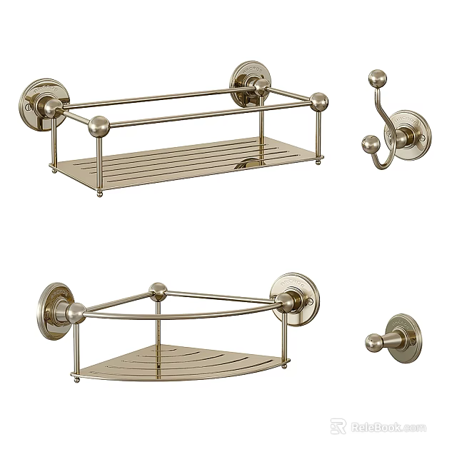 Brass Bathroom Wall Mounted Racks With Towel Bar Shelf And Hooks 3d model 