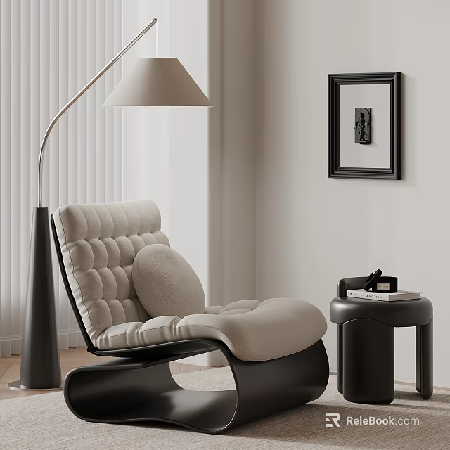Modern Beige Lounge Chair With Padded Design Floor Lamp Side Table And Framed Painting 3d model 