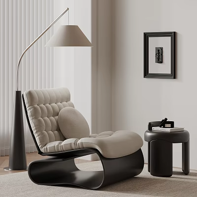 Modern Beige Lounge Chair With Padded Design Floor Lamp Side Table And Framed Painting 3d model