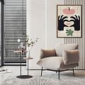 Modern Single Sofa Leisure Chair Combination Flannel Dining Chair Chair Side and Corner Decoration Combination Vase Abstract Hanging Painting Wall Decoration Hanging Painting 3d model