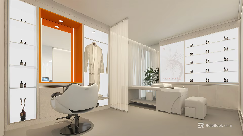 Modern Elegant SPA Sauna Interior Design With White Furniture Robe Mirror And Plant 3d model 