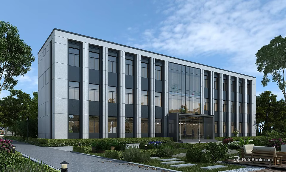 Modern Office Building with Glass Facade Surrounded by Landscaped Garden and Greenery Front Entrance Steps 3d model 