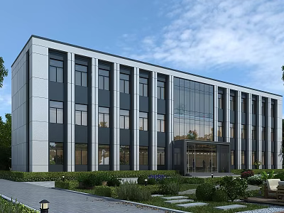Modern Office Building with Glass Facade Surrounded by Landscaped Garden and Greenery Front Entrance Steps 3d model