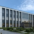Modern Office Building with Glass Facade Surrounded by Landscaped Garden and Greenery Front Entrance Steps