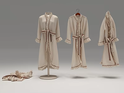 Beige Robes With Decorative Trims And Belts Displayed On Stand And Hanger 3d model