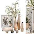 Stylish Wooden Geometric Vases with Dried Flowers and Small Cactus for Home Decor