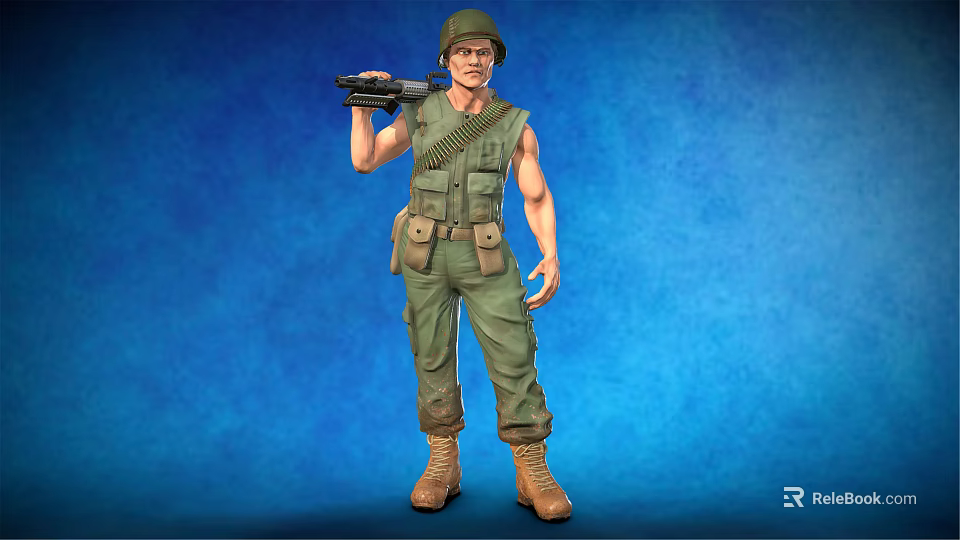Realistic Military Character In Green Uniform With Tactical Vest Holding Rifle Against Blue Background 3d model 