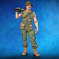 Realistic Military Character In Green Uniform With Tactical Vest Holding Rifle Against Blue Background
