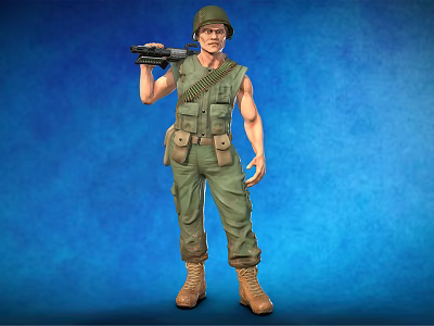 Realistic Military Character In Green Uniform With Tactical Vest Holding Rifle Against Blue Background 3d model