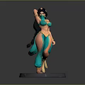 Woman with Long Black Hair in Green Outfit and Veil Dancing 3D Model on Base