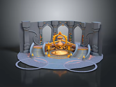 Enchanting Landscape with Circular Platform Golden Decorations Arched Gray Stone Structures And Circular Ground Patterns 3d model