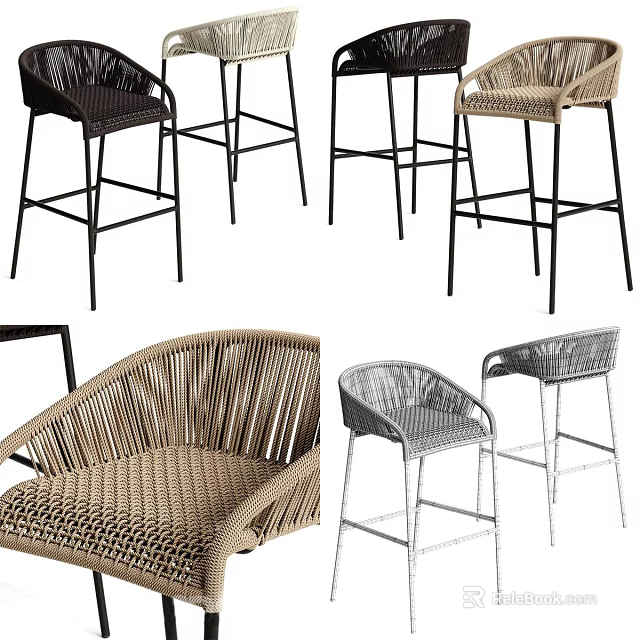 Modern Wicker Bar Stools With Metal Frame And Various Design Styles 3d model 