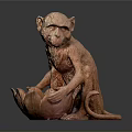 Wooden Monkey Sculpture Sitting On Lotus Shaped Container With Gray Background 3d model