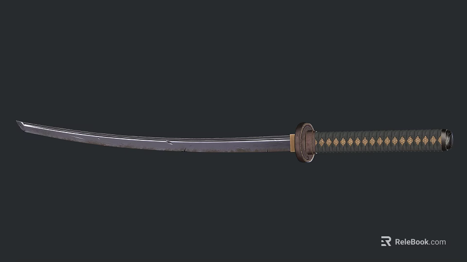 Traditional Japanese Katana With Curved Blade Wooden Scabbard And Gold Accents Design 3d model 