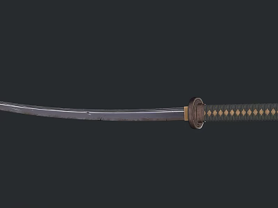 Traditional Japanese Katana With Curved Blade Wooden Scabbard And Gold Accents Design 3d model