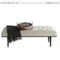 Beige Button Tufted Upholstered Bench with Black Wooden Legs Black Fringed Throw and Metal Tray