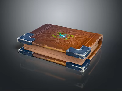 Ornate Vintage Book With Brown Carved Cover Blue Gemstone And Decorative Corners 3d model