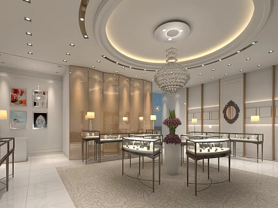 Luxury Jewelry Store Interior With Glass Display Cases And Chandelier Decor 3d model