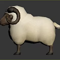 Cartoon Style 3D Sheep Model with White Wool Brown Head Curved Horns and Yellow Eyes
