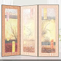 Decorative Three Panel Folding Screen With Yellow Background Red Accents And Plant Patterns 3d model