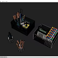 Office Supplies Organizers With Transparent Purple Box White Mesh Container Calculator And Colored Markers