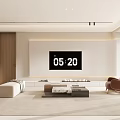 Modern Minimalist Living Dining Room Interior With Beige Sofa Brown Armchair And Marble Coffee Table