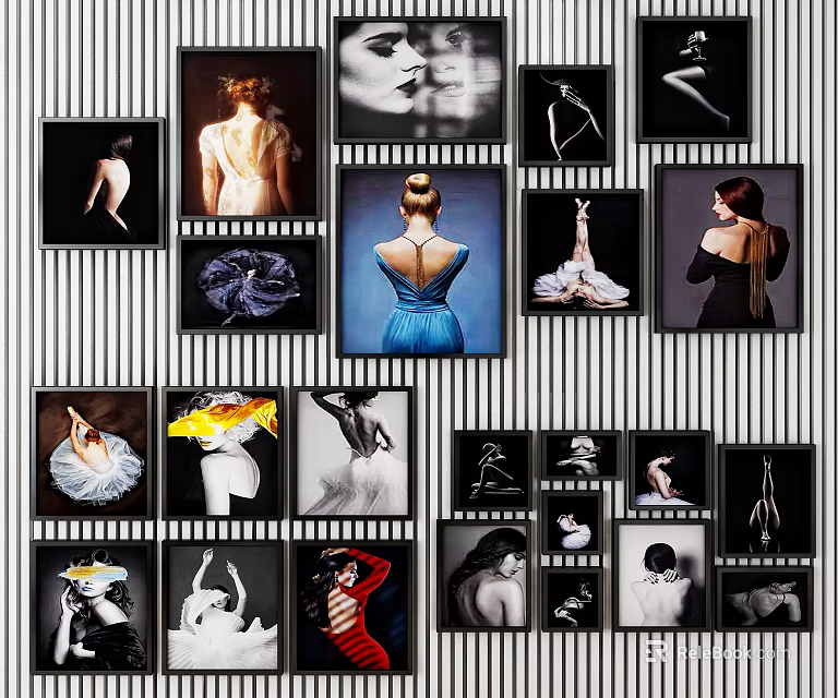 Multiple Framed Figure Paintings in Black White and Color Styles Hanging on Wall 3d model 