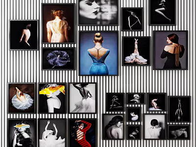 Multiple Framed Figure Paintings in Black White and Color Styles Hanging on Wall 3d model