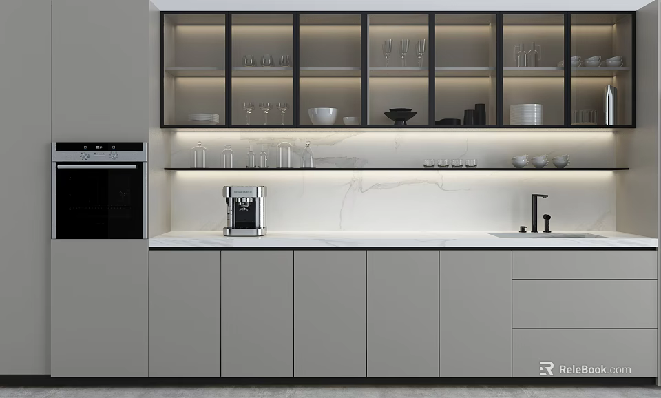 Modern Kitchen Interior With Stylish Cabinets Glass Doors And Marble Countertop Appliances 3d model 