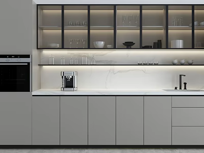 Modern Kitchen Interior With Stylish Cabinets Glass Doors And Marble Countertop Appliances 3d model