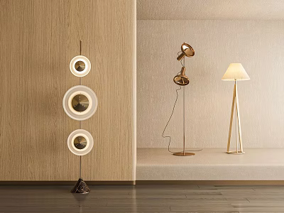 Modern Floor Lamps with Round Shades Metal Frames and Wooden Background 3d model