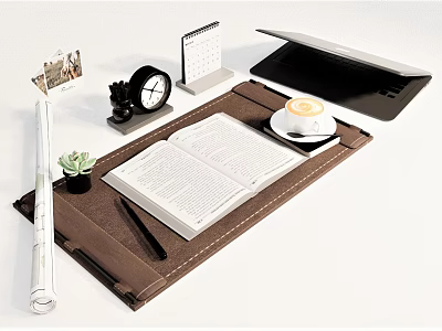 Desk Pad With Open Book Coffee Cup Laptop Calendar Alarm Clock And Succulent 3d model