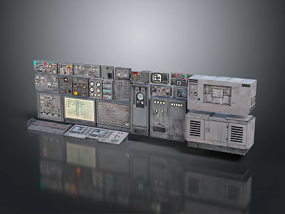 Vintage Industrial Control Panel with Multiple Panels Gauges Buttons and Displays 3d model
