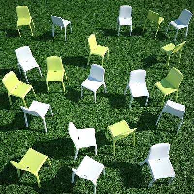 Multiple Yellow And White Leisure Chairs Scattered On Green Grass Field 3d model