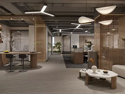 Modern Office Interior With Open Layout Wooden Furniture Pendant Lights And Rattan Partitions 3d model