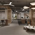 Modern Office Interior With Open Layout Wooden Furniture Pendant Lights And Rattan Partitions